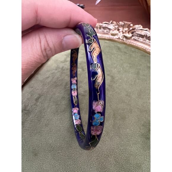Vintage Cloisonne Enamel Bangle Bracelet Blue Cobalt Floral Flowers - Picture 6 of 8